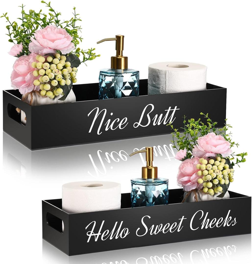 Acrylic Bathroom Tray for Counter Toilet Paper Basket 2 Side with Funny Saying Hello Sweet Cheeks Bathroom Box Black Toilet Tank Tray Countertop Organizer Farmhouse Decor for Tissues Candle Soap Towel