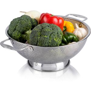 Stainless Steel Micro-Perforated 5-Quart Colander - Professional Strainer with Heavy Duty Handles and Self-draining Solid Ring Base - Dishwasher Safe