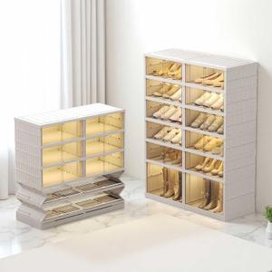 6 Tier 24 Pairs Large Shoe Rack Organizer with Doors, Foldable Collapsible Plastic Shelf, Stackable Storage Cabinet for Closet, Entryway, Hallway, Living Room - Easy Assembly