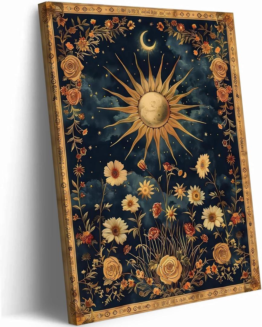 Sun and Moon Celestial Canvas Wall Art Tarot Crescent Moon Wall Decor Pictures Gothic Wildflowers Painting Posters Prints Aesthetic Dark Academia Vibe Artwork For Bedroom Home Decor Framed (12Inx16In Canvas)