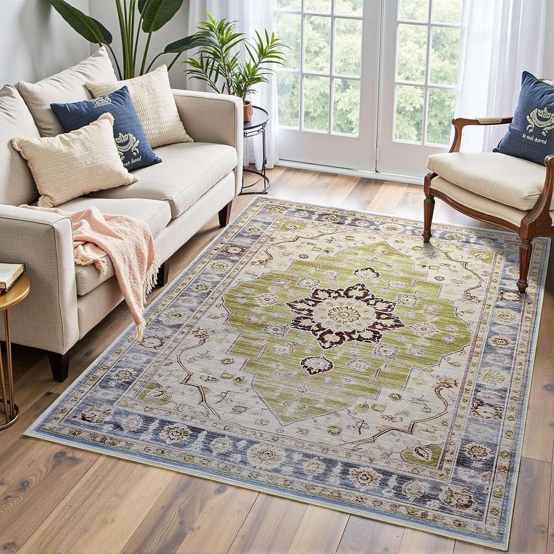 5x7 Area Rugs, Washable Rug, Vintage Rugs for Living Room Bedroom, Non Slip, Stain Resistant, Low Pile, Soft, Foldable Boho Floral Print Rugs for Dining Room, Home Office, Green (5' x 7' (Rectangular))
