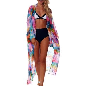 Wander Agio Womens Bikini Cover Ups Beach Casual Dress Coverup Swimsuits Long Cardigan Buttons Chiffon (Chiffon Colorful Feathers)