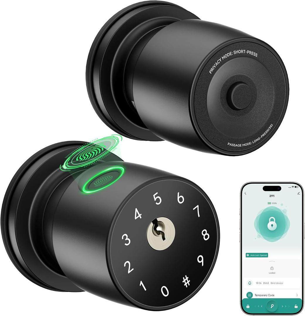 IRONZON Fingerprint Door Knob for Bedroom - 291Y 4-in-1 Keyless Bedroom Door Knob Smart Lock with App, One-tap Privacy Mode Setup, Auto-Lock Easy to Install - Matte Black