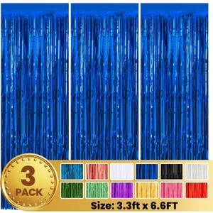 3 Pack 3.3 x 6.6 FT Foil Fringe Backdrop Curtain, Streamer Backdrop Curtains, Streamers Birthday Party Decorations, Fringe Backdrop for Graduation, Baby Shower, Gender Reveal (Blue)