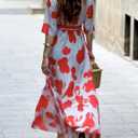 XNC Womens Summer Fall Cross V Neck Short Sleeve Party Long Dresses Red Boho Floral Flowy Split Cocktail Maxi Dress (L)