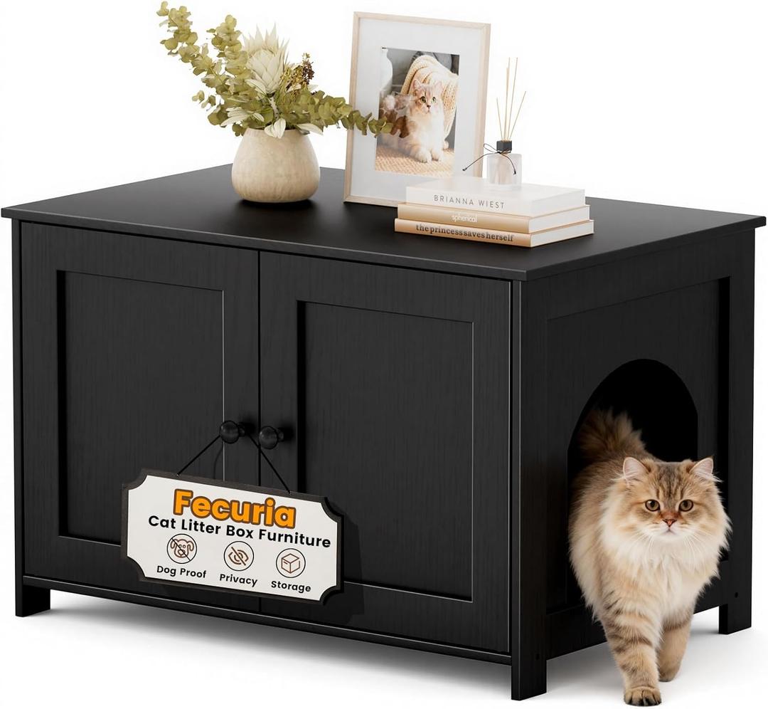 Fecuria Cat Litter Box Enclosure Furniture Dog Proof, Hidden Kitty Washroom Cabinet Low Entry, Wooden Cat Boxes Enclosure Odor Control for Home, Farmhouse Style Decorative TV Stand with Storage, Black