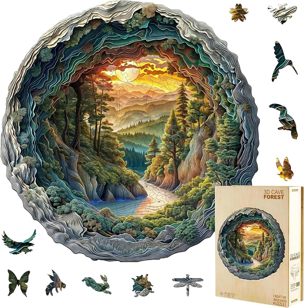 Wooden Puzzles, 3D Cave Forest Puzzle 300 Pieces, Unique Animal Shaped Wood Challenging Jigsaw Puzzles Ideal for Adults, Premium Wood Gift Box 13.4x13.3in (Large)