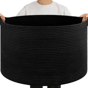 OIAHOMY 105L Blanket Basket for Living Room, Large Basket 23.6" x 23.6" x 14.6" with Handle, Laundry Hamper for Blankets, Pillows, Toy Storage for Kids, Dogs - Black