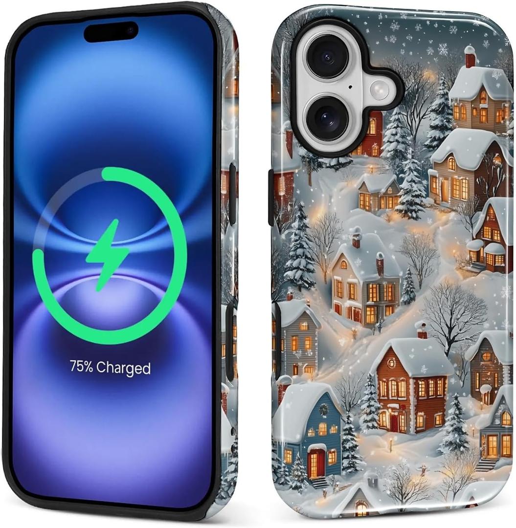 Case For iPhone 17, Compatible with MagSafe Hybrid Heavy Duty 2 In 1 Full Body Rugged Shockproof Protection Glossy Case Snowy Christmas Village House