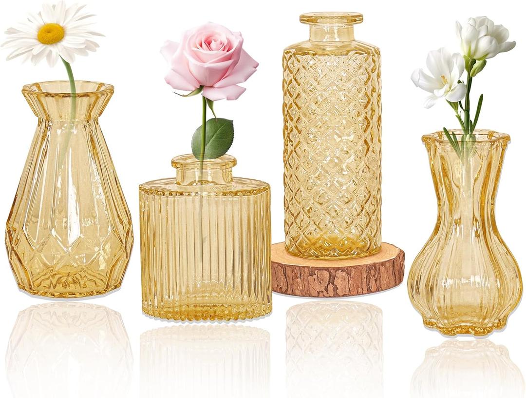 Set of 4 Glass Bud Vase Set, Small Vintage Clear Flower Vase Centerpieces for Table Bulk Cute Rustic Style Mini Vase for Home Decor Wedding Baby Shower Birthday Party(Champagne)
