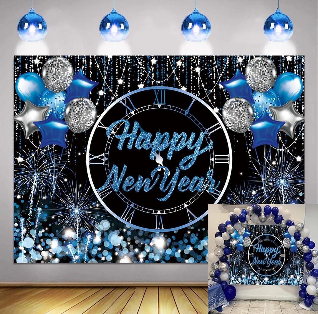 Blue and Silver Glitter New Year Background for Photography 2026 New Year's Eve Party Decorations Fireworks Balloon New Year Christmas Photo Booth Props (8X6FT)
