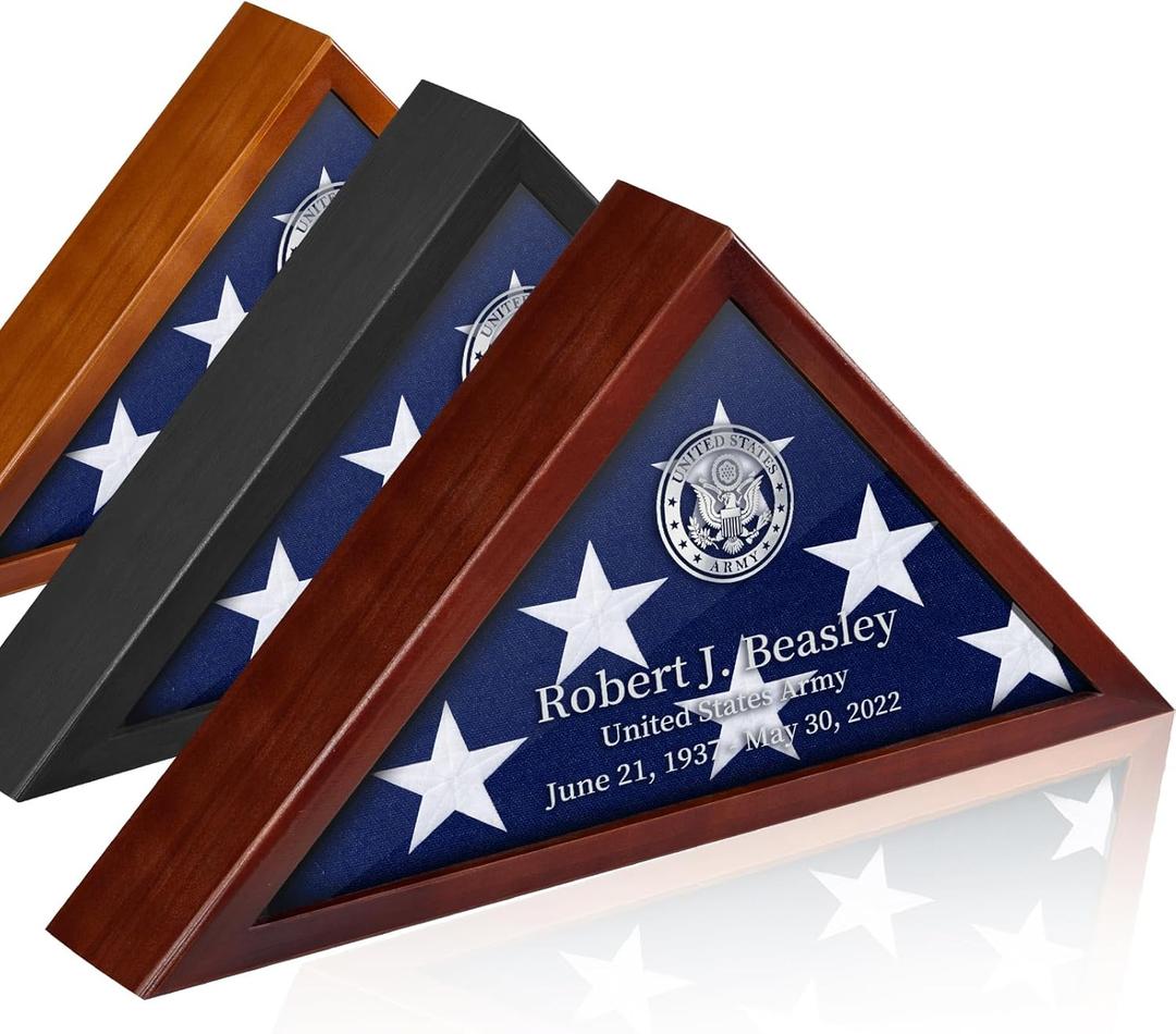 Personalized Flag Case for Burial Flag DIY by Yourself, Glass Front Mahogany Display Case for 5'x9.5' Flag, Wall Mounted Custom Name Wood Shadow Box for Military with Metal Letters and Logo Stickers