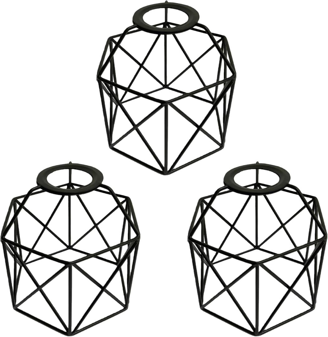 Wire Cage Pendant Light Shades, 3-Pack Black Metal Geometric Hanging Lamp Shades for E26 Socket, Vintage Industrial Farmhouse Edison Bulb Guard for Kitchen Island & Dining Room