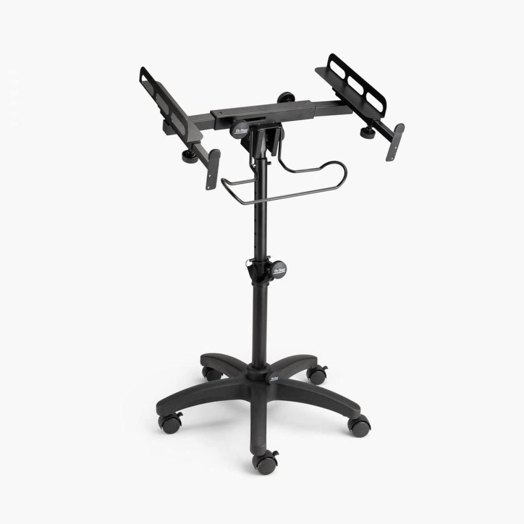 OnStage MIX-400 V2 Mobile Mixer Stand: Rolling platform for mixers, laptops, controllers. Height adjustable (28"-38"), rackmount compatible, headphone hanger. Portable, black finish.