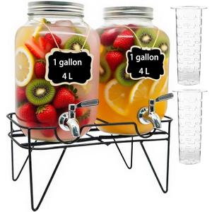 1 Gallon Glass Drink Dispensers For Parties 2PACK, Beverage Dispenser, Glass Drink Dispenser with Stand Stainless Steel Spigot, Lemonade Dispenser for BBQ Picnic, Party