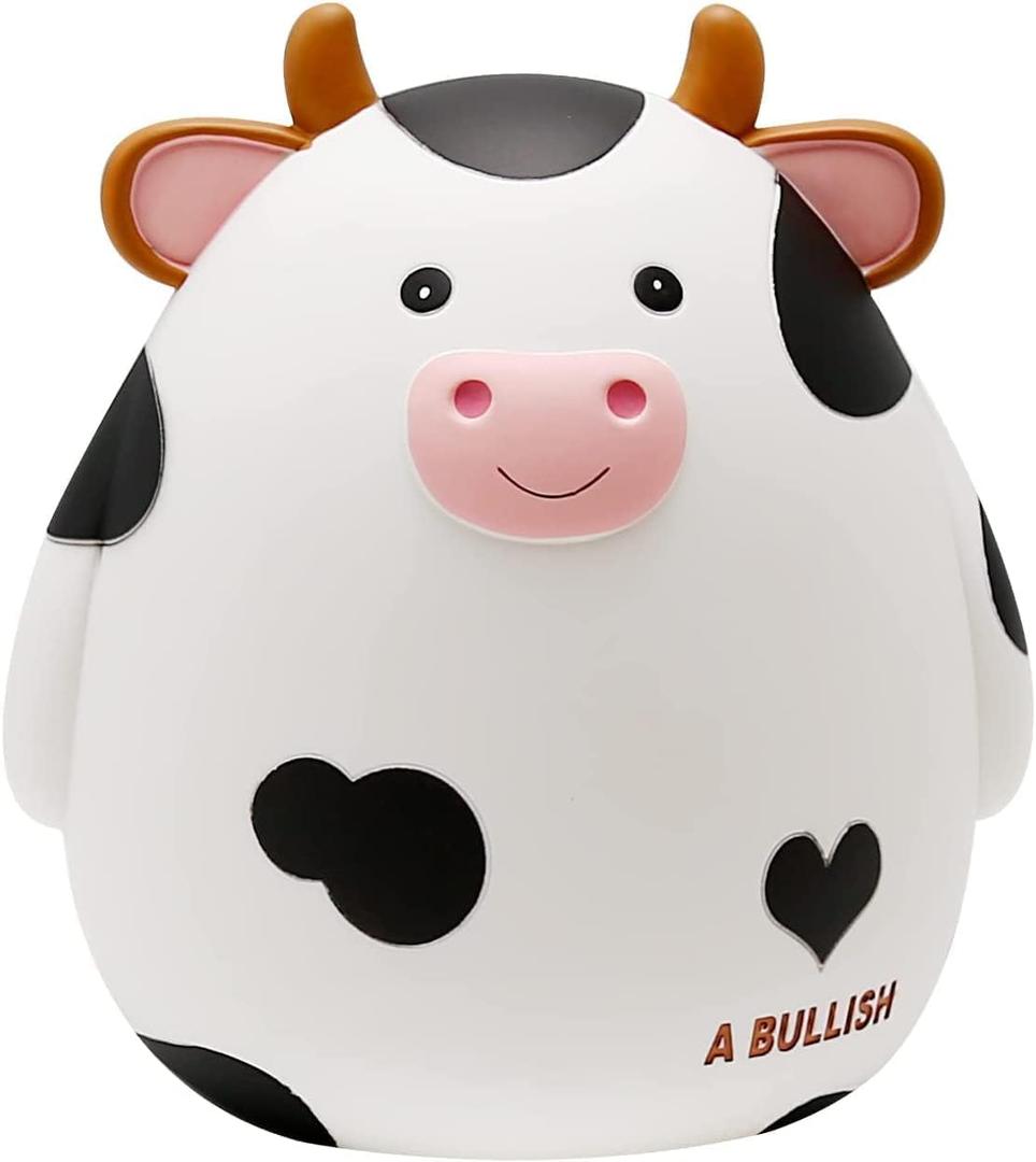 H&W Cow Piggy Bank, Unbreakable Coin Box for Kids, Cute Animal Money Bank Birthday for Boys Girls,Coin Saving Boxes (White) (Small)