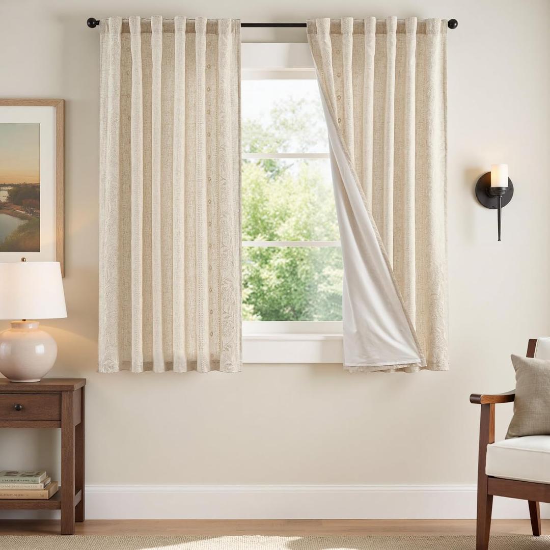 jinchan Winslow Lined Linen Curtains for Bedroom 63 Inches Linen Blended Embroidered Bordered Floral Curtains for Living Room Farmhouse Decor Window Treatments Ivory on Beige Drapes 2 Panels