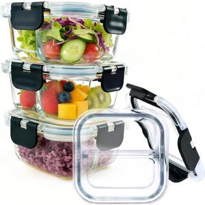 Bariatric Meal Prep Containers, 8 oz Bariatric Portion Control Food Storage Containers with Two 4 oz Compartments (3 Pack), Reusable Glass Snack Containers with BPA Free Airtight Lids (Black)