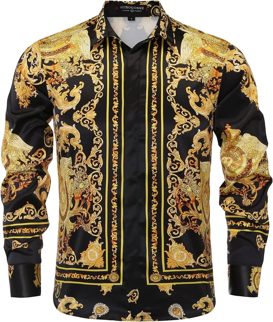Mens Luxury Brand Print Silk Satin Design Button Down Dress Shirt (L)