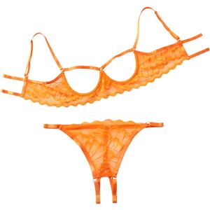 Lilosy Sexy Underwire Floral Lace Sheer Lingerie Set for Women See Through Bra and Panty 2 Piece (Orange, XL)