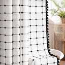 Black and White Farmhouse Shower Curtain,Boho Linen Fabric with Embroidered Plaid Pattern and Tassels for Bathroom, 36" W×72" L