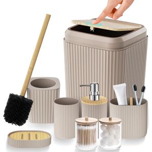 Bathroom Accessories Set - Unbreakable Beige Bathroom Set, Trash Can, Toilet Brush with Holder, Soap Dispenser, Toothbrush and Toothpaste Holder, Tumbler Cup, Soap Dish, Qtip Holder, Bamboo Decor (8 Pieces)