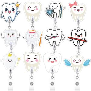 Geyoga 12 Pcs Dental Badge Reel Dental Hygiene Appreciation Gifts Tooth Shaped Badge Holder Retractable with ID Clip for Nurse Week Coworker Office Hygiene Hygienist School Student Friend Graduation