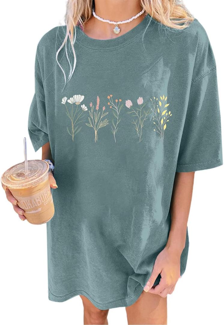 Remidoo Oversized Graphic Tshirts for Women Casual Loose Fit Short Sleeve Tee (Green, M)