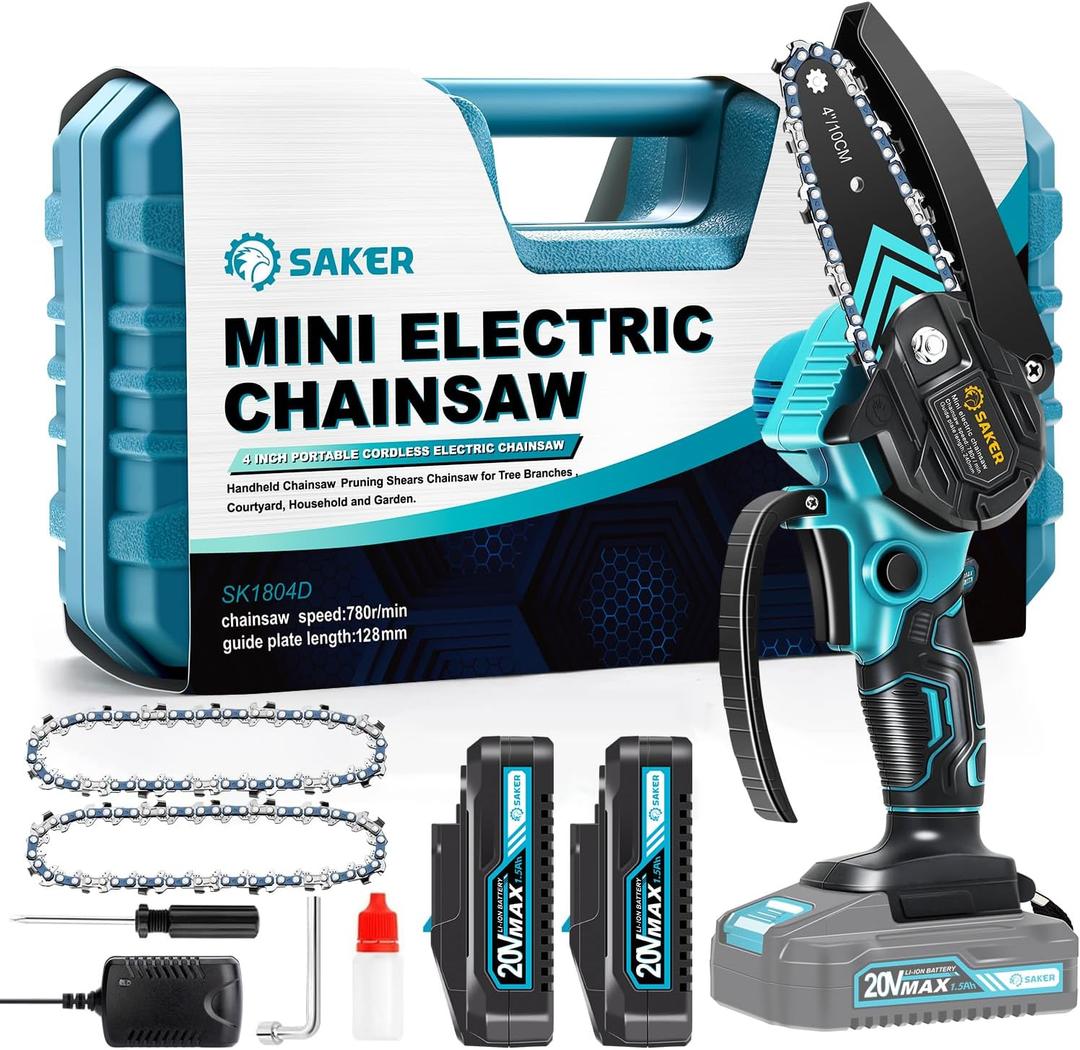 Saker Mini Chainsaw, Portable Electric Cordless Chainsaw, Battery Powered, Small Power Handheld Chain Saws Pruning Shears for Tree Branches, Christmas Gifts for Men Dad Women(2 Batteries&3 Chains)