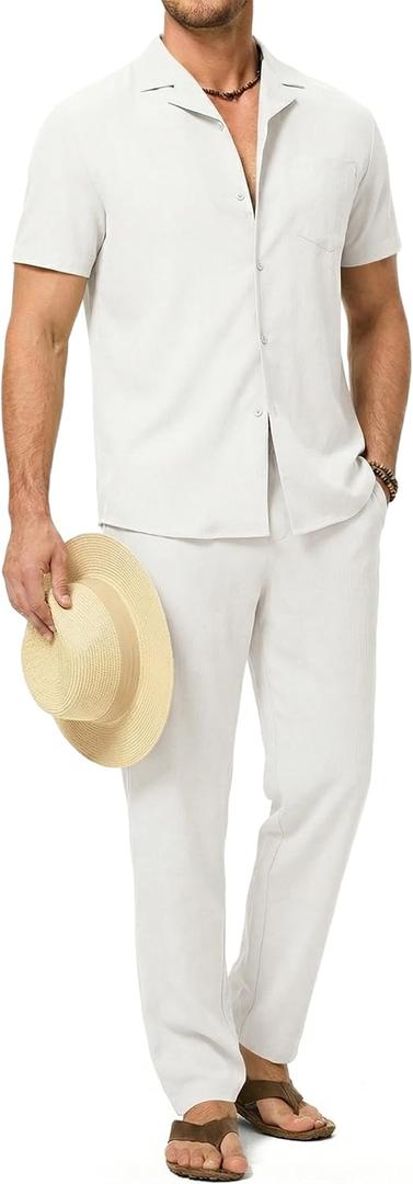 Dokotoo Men Men's Beach Outfit 2 Piece Casual Button Down Shirt Short Sleeve Loose Shirts and Pants Vacation Sets for Men