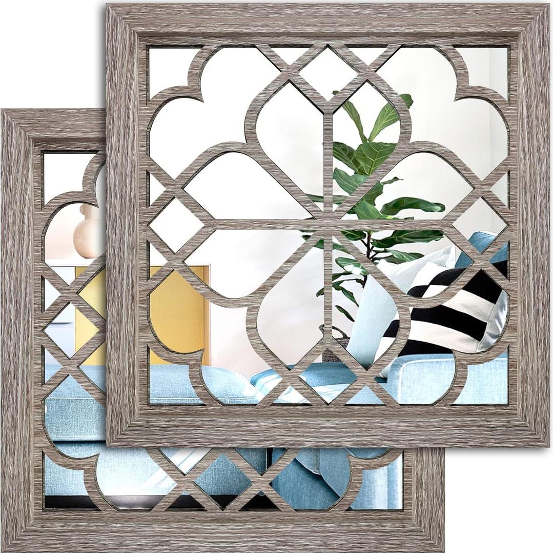 Wocred Set of 2 Farmhouse Square True Mirrors,Vintage Style Barn Wood Wall Decor, Accent Mirrors for Bathroom Renovation,Bedrooms,Living Rooms (12x12)