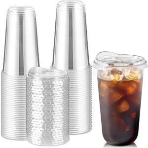 Round Bottom Clear Plastic Cups with Sip Lids, 50 Sets, 18 Oz Disposable Iced Coffee Cups with Strawless Lids To Go Cold Drink Cups for Smoothies, Juices, Party Catering