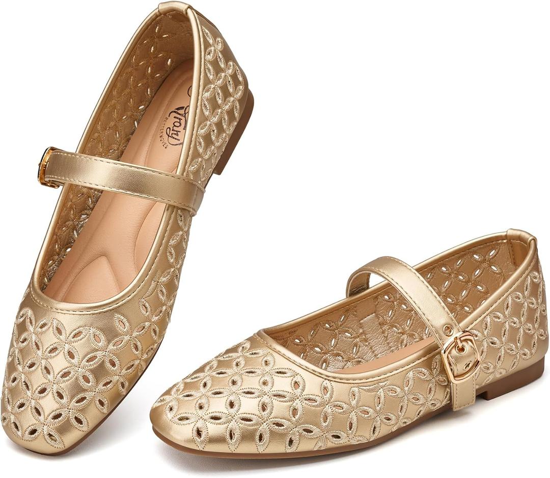 Trary Mary Jane Shoes Women, Hollow Flats for Women, Ballet Flats Shoes Round Toe Mary Jane Flats, Ankle Strap Spring Summer Shoes Dressy Comfortable (7, Gold)