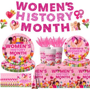 Womens History Month Decorations Tableware,142pcs Women's History Month Plates and Napkins Tablecloth Cup,Pink Women's History Month Banner for International Womens Day Decorations