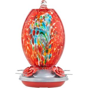 Muse Garden Glass Humming Bird Feeders for Outdoors - 27OZ Blown Glass Hummingbird Feeder - Unique Gift for Mom Women Grandparents, Outdoors Hanging Garden Decor, Includes Ant Moat & Brush, Red Swirl