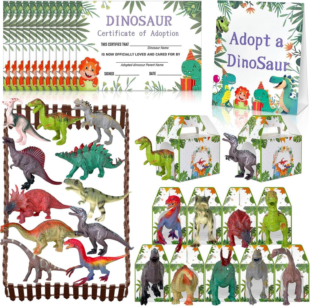 38 Pcs Adopt a Dinosaur Pet Party Favors Plastic Dinosaur Animal Include 12 Mini Dinosaur 12 Foldable Boxes 12 Adopt Cards 1 Adopt Sign 1 Adopt Fence for Adopt a Pet Party (Plastic)