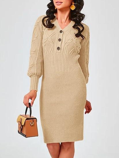Women's V Neck Lantern Long Sleeve Sweater Dress Sexy Bodycon Cable Ribbed Knit Fall Pullover Midi Dresses Size M
