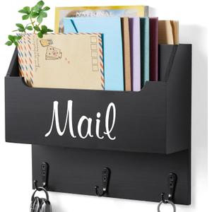 DRASTAR Mail Organizer Wall Mounted, Wooden Mail Sorter & Key Holder for Wall, Hanging Mail Organizer, Black Mail Basket for Home Office