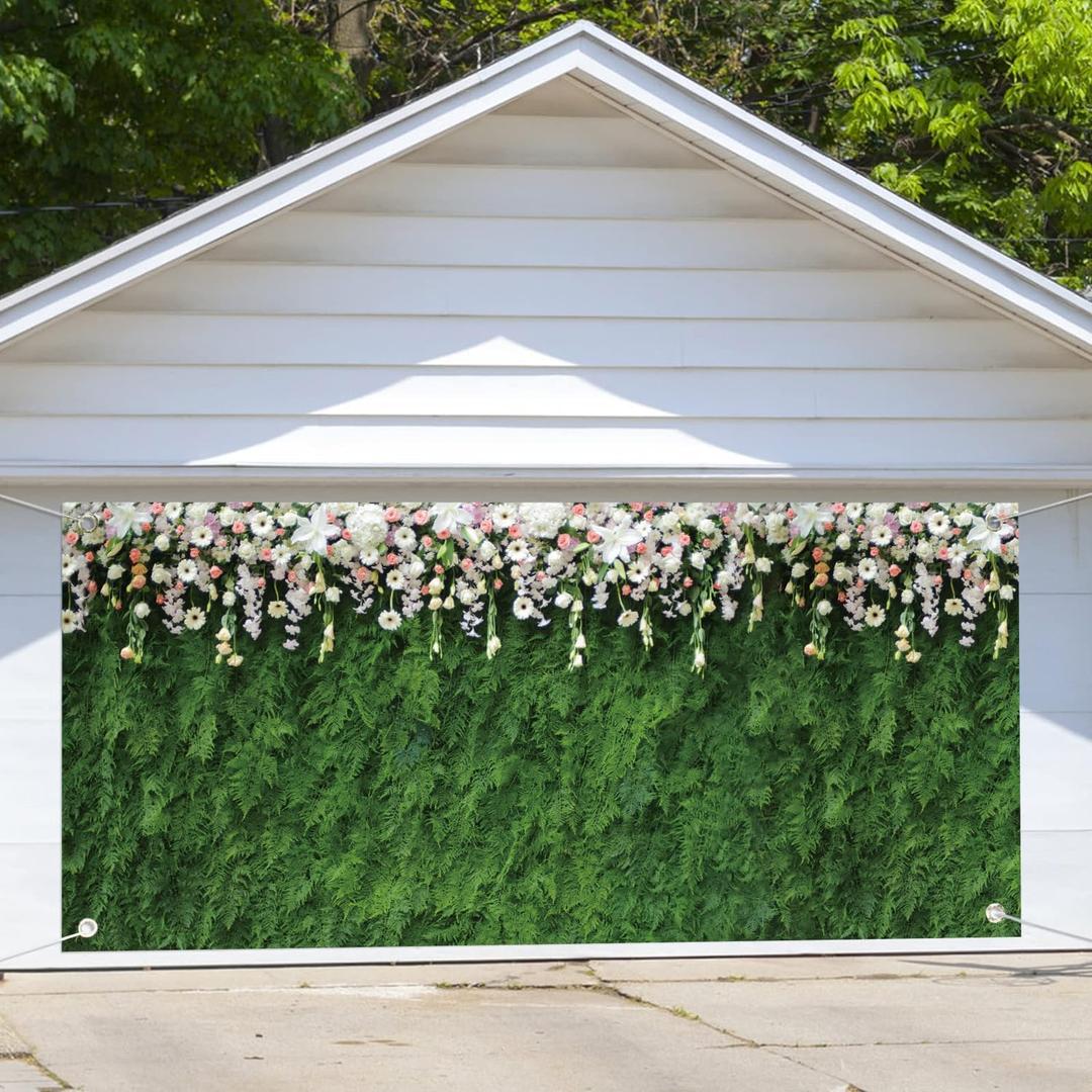Green Grass Garage Door Banner 6 x 13 ft Greenery Grass Wall Garage Door Cover Backdrop Flower Nature Floral Photo Background Polyester for Birthday Wedding Bridal Shower Party Photo Props Decoration