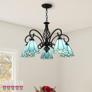 Aeyee Tiffany Lamp Blue Stained Glass Hanging Light Fixture, 3-Light