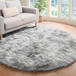ONASAR Tie-Dyed Light Grey Round Area Rug 4ft, Ultra Soft Bedroom Circle Rugs for Kids Girls Teen Room, Fluffy Plush Shaggy Carpet Floor Mats for Baby Nursery Living Room Playroom Home Decor