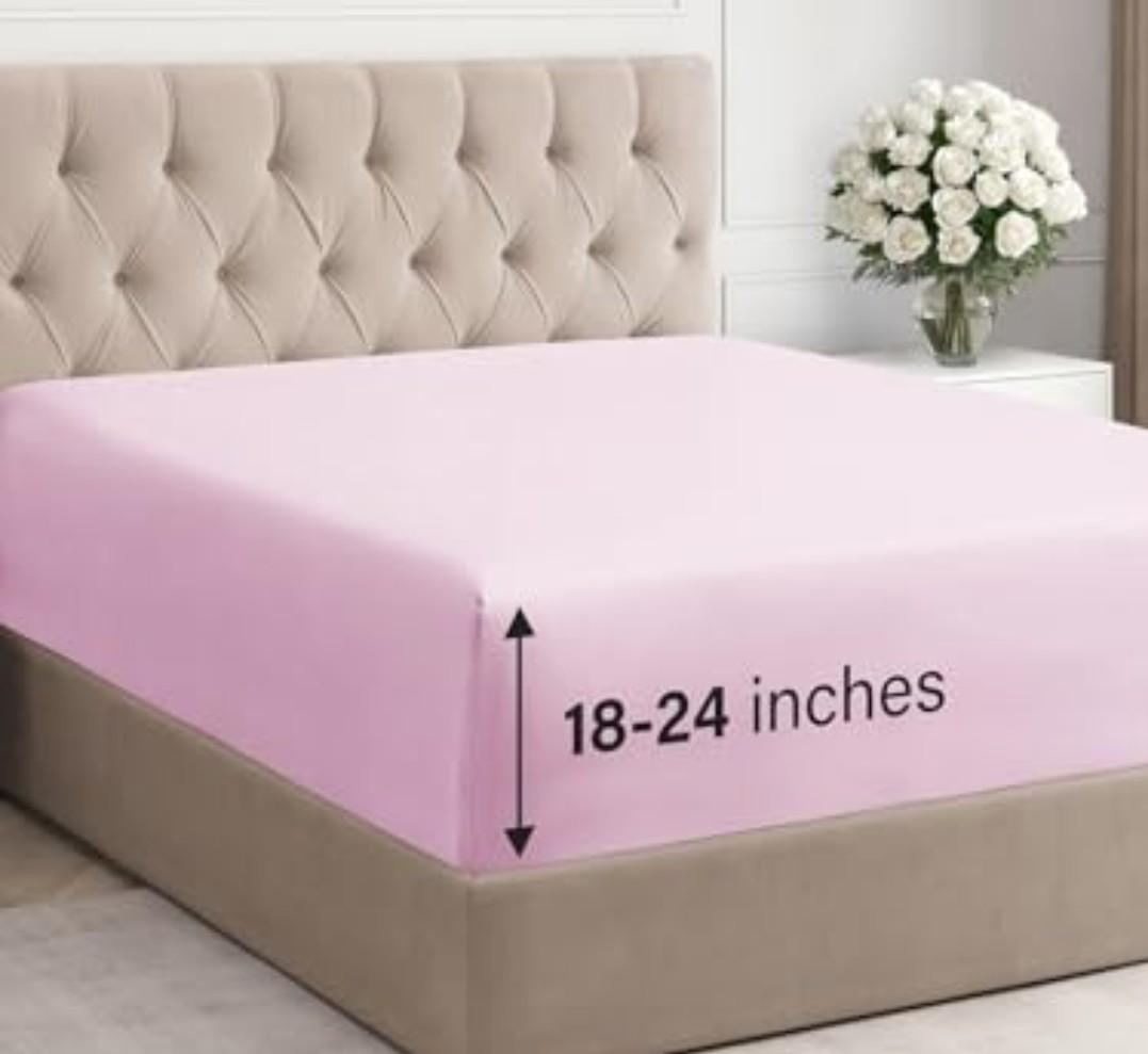 Extra Deep Queen Fitted Sheet - Hotel Luxury Single Fitted Sheet Only - Easily Fits 18 inch to 24 inch Mattress - Ultra Soft, Wrinkle & Fade Free w/Extra Deep Pocket - Breathable & Comfy - Light Pink