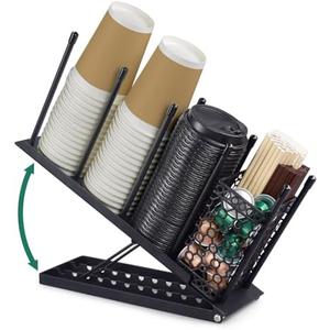 Cup and Lid Holder, Adjustable Coffee Cup Holder Organizer, 4 Compartment Disposable Cup Dispenser with Mesh Baske for Coffee Bar Accessories, Disposable Paper Cups, Plastic Cups, Lids