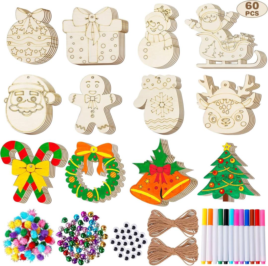 MGparty 60Pcs DIY Wood Slices, Wooden Christmas Ornaments Bulk for Crafts, Unfinished Paintable Wooden Hanging Decorations, Wood Kit for Crafts with 12 Coloured Pens and 60 Jingle Bells
