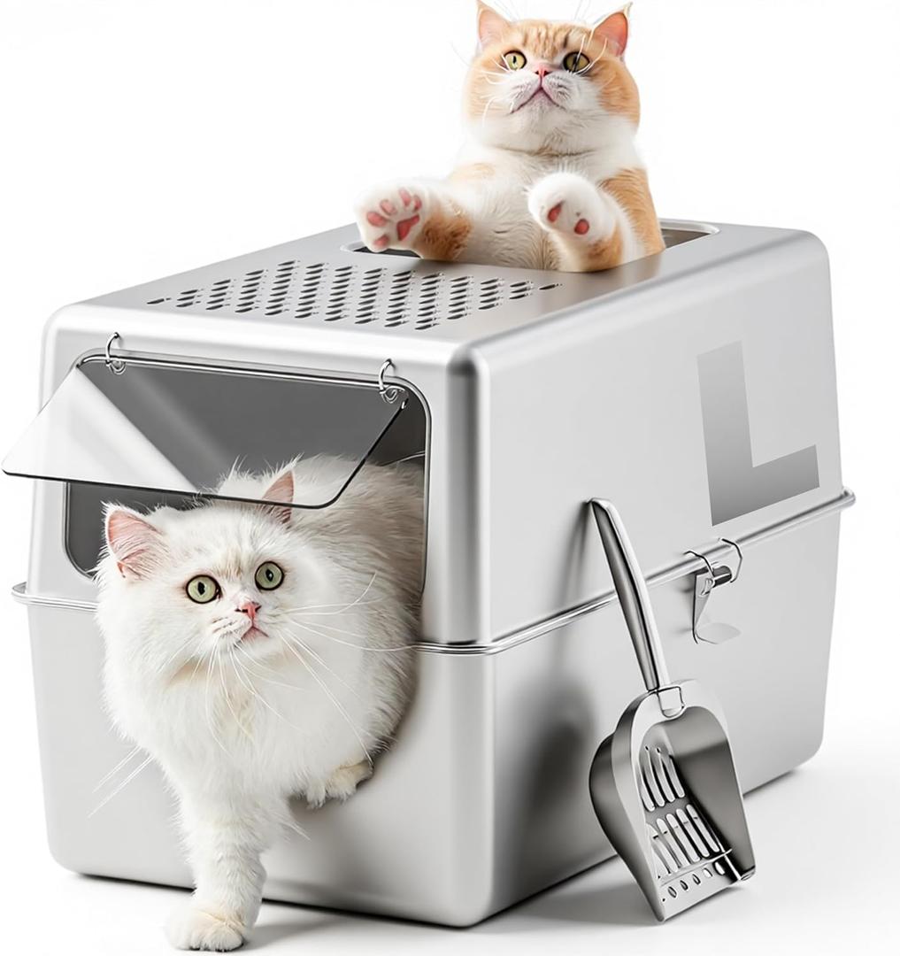 Large Enclosed Stainless Steel Litter Box with Lid, 19.7"x13.8"x13.8" High Sided Metal Cat Litter Box for Indoor Cats, Covered Dog Proof Kitty Litter Pan, Odor Free Tray, Non Sticky, L