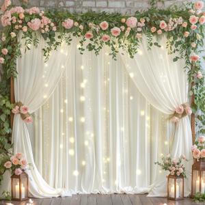 Cream White Backdrop Curtains with Lights for Parties,10x10FT Wrinkle Free Wedding Photo Backdrop Light Tulle Curtains for Baby Shower Birthday Ceremony Reception Home Party Decorations-5ft x 10ft