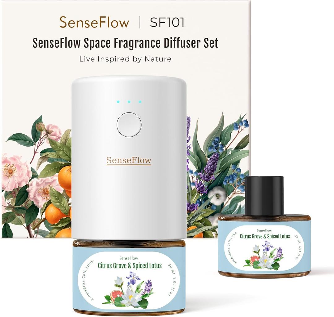 SenseFlow SF101 Waterless Ultrasonic Essential Oil Diffuser–100% Plant-Based, 120-Day Natural Air Freshener & Aromatherapy Diffuser for Home, Hotel, Studio–Covers up to 100㎡-Citrus Grove & Spiced Lotus