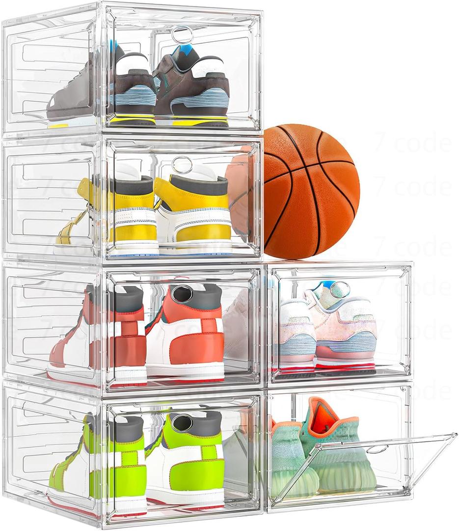 Thickened Clear Shoe Storage Organizer with Magnetic Door, Sturdy Stackable Shoe Boxes for Closet, Collapsible Space-Saving Shoe Rack for Sneakers & Boots, Plastic Shoe Cabinet Box Set, 6 Pack, White