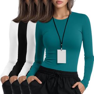 Xaatren 4 Pack Women's Underscrub Shirts Nurse Undershirts Long Sleeve Crewneck Slim Fit Tops Soft Stretchy Basic Tee (Black, S)