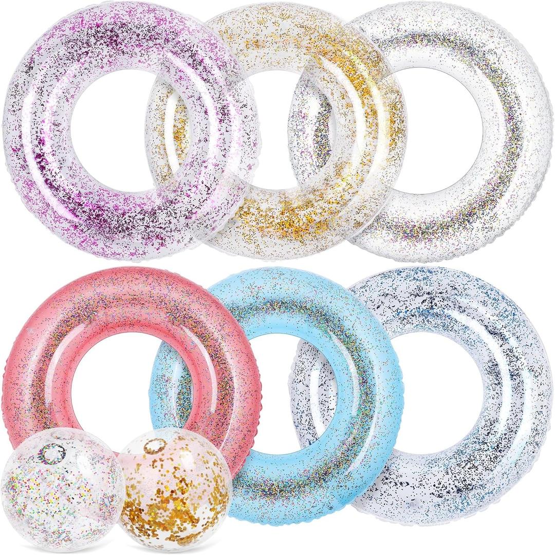 Elcoho 8 Pack Inflatable Glitters Pool Float Beach Balls Set 35 Inch Large Swim Ring Flotation Pool Floats Toy Inflatable Transparent Inner Tube Confetti Beach Balls for Swimming Pool, Beach